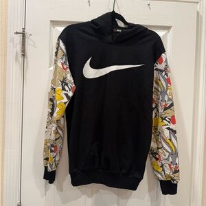 Vintage RARE Nike Black Pullover Hoodie with Colorful Looney Tunes Print Sleeves